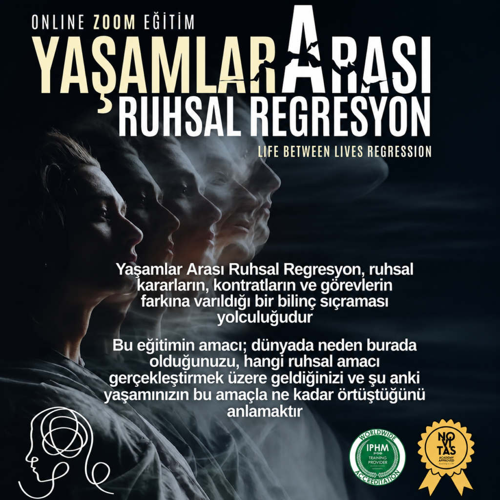 Poster for online Zoom training titled 'Yaşamlar Arası Ruhsal Regresyon' with fading human profiles forming a line, Turkish text describing the course, and accreditation logos at the bottom.