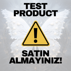 Uyarı mesajı: TEST PRODUCT yazılı, sarı tehlike simgesi önde; arka planda kanatlı desen ve 'SATIN ALMAYINIZ!' yazısı.