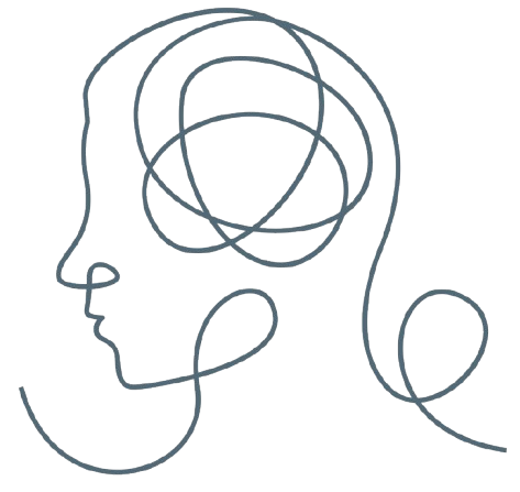 Conceptual illustration of a outline of a head with a tangled line representing complex thoughts.
